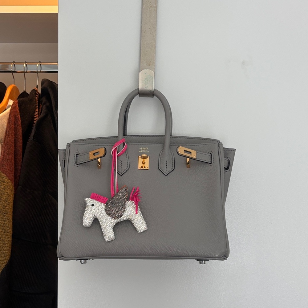 Gray Birkin style real Leather Handbag